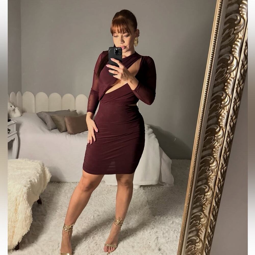 House Of Cb Lucinda Sheer Long Sleeve Cut Out Bodycon Mini Dress In Mulberry Xs View 6